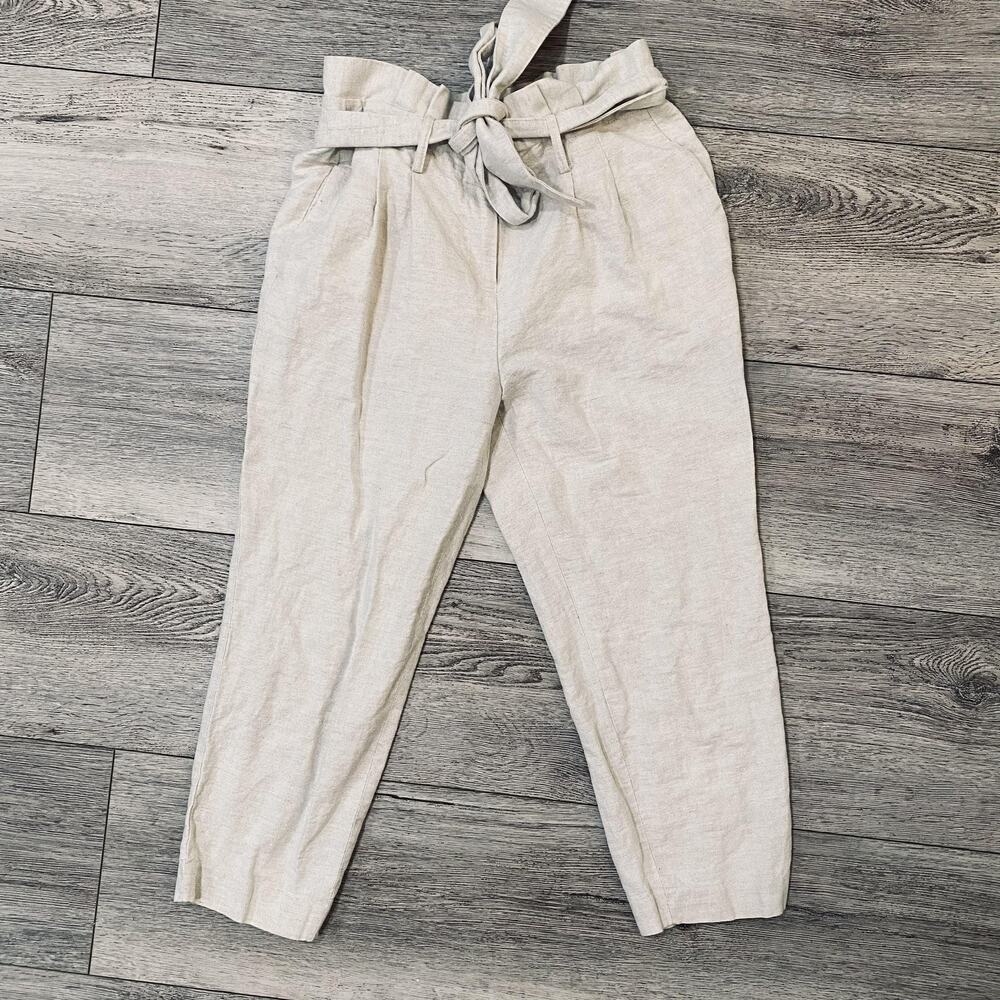 Boden Pants Womens 6P Beige Linen Blend Paperbag Waist Tie Belt Tapered Cropped